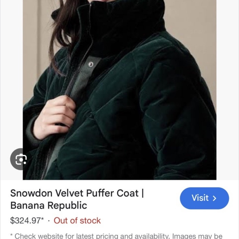 Banana Republic Snowdon Velvet Puffer Jacket - Dark Green Emerald Coat Jacket